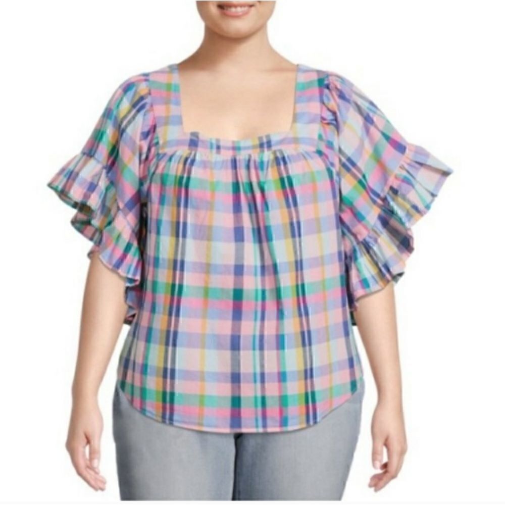 TERRA & SKY Pastel Plaid Square Neck Peasant Top 0X